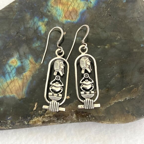 Sterling Silver 925 Egyptian Amulet Hieroglyph Scarab Cartouche Dangle Earrings - Picture 5 of 16